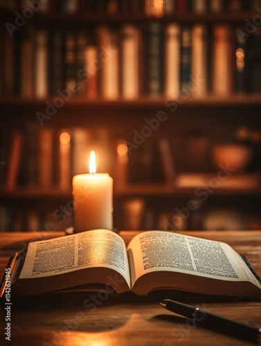 Serene Literary Escape Open Book, Candlelight, and Tranquility