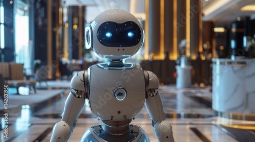 Futuristic Robot Assistant in Modern Hotel Lobby: A Glimpse into Automated Hospitality