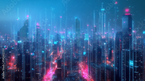 A futuristic cityscape illuminated with vibrant neon lights and digital elements.