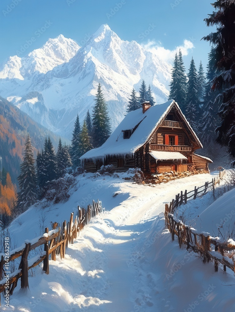 Snowy mountain cabin surrounded by tall trees.