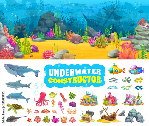 Underwater landscape constructor, game asset kit with ocean bottom vector elements. Cartoon whale, sea fish, shark and dolphin animals, treasure chest, sunken ship and submarine underwater landscape