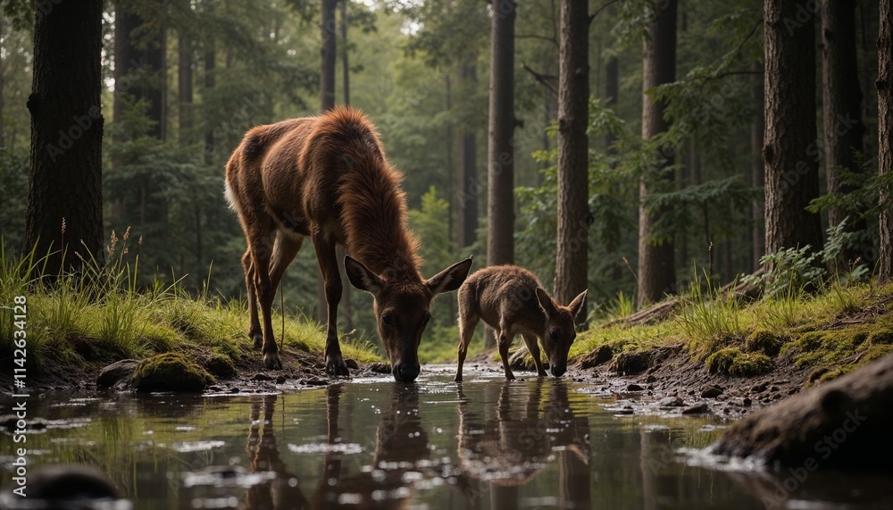Deer and fawn drinking water from a forest stream Deer and fawn drinking water from a forest stream