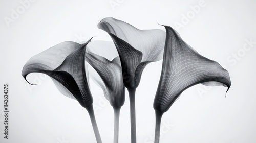 Four grayscale calla lilies, subtly textured, against a light background.