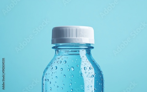 Clear water bottle with condensation on a vibrant blue background.