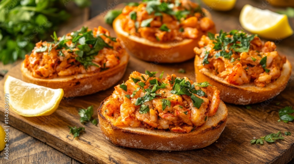 Shrimp Bruschetta with Fresh Herbs and Lemon on Wooden Board Shrimp Bruschetta with Fresh Herbs and Lemon on Wooden Board