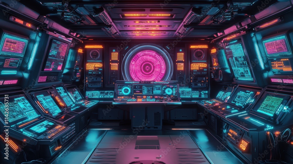 Obraz premium high-tech control workstation, a vibrant and colorful aesthetic. The space filled with an array of glowing neon lights in shades of blue, pink, and orange, creating a dynamic and immersive atmosphere.