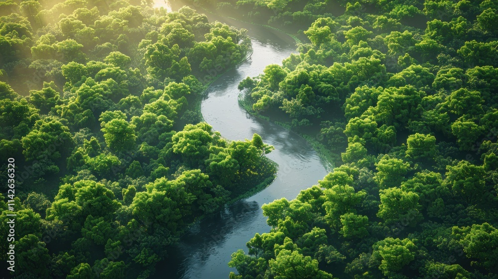 Serene River Flowing Through Lush Green Forest at Sunrise Serene River Flowing Through Lush Green Forest at Sunrise
