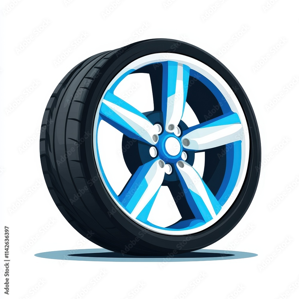 Fototapeta premium Vibrant Blue Wheel with Striking White Rim Set Against Neutral Background Highlighting Modern Design and Industrial Aesthetics for Automotive Enthusiasts