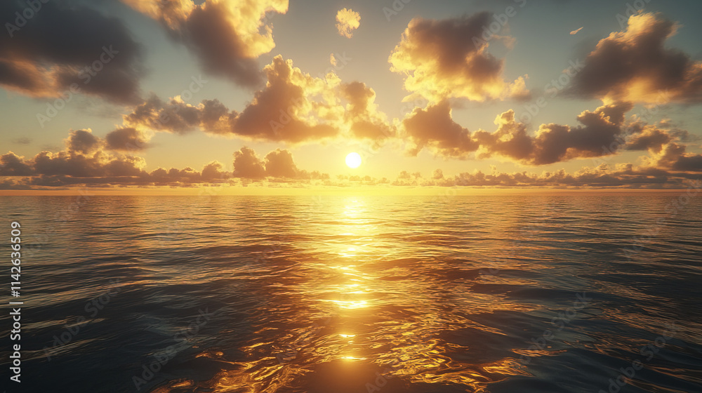 Obraz premium serene sunset over calm marine water, reflecting golden hues and clouds