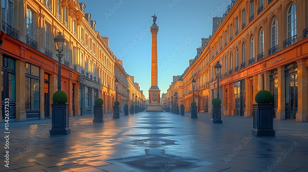 Naklejka premium Parisian street at dawn, with a column in the center of the pathway. Golden sunlight reflects on the wet pavement. Buildings line the street, with shopfronts, and dark planters.