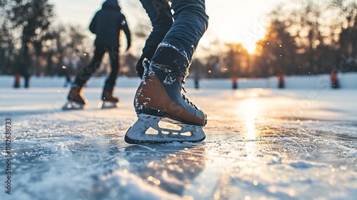 People enjoying ice skating on frozen lake during sunset in winter