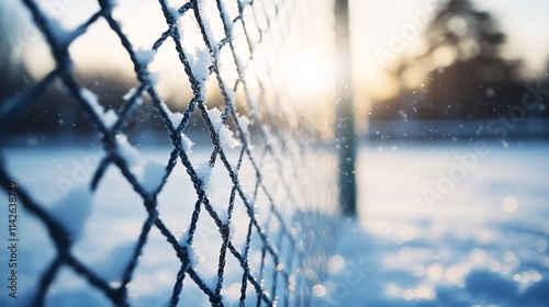 Snow covering metal mesh wire fence in winter at sunset photo