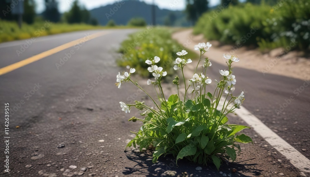 Scenic view of wild radish in full bloom by the side of a road, travel, outdoors Scenic view of wild radish in full bloom by the side of a road, travel, outdoors