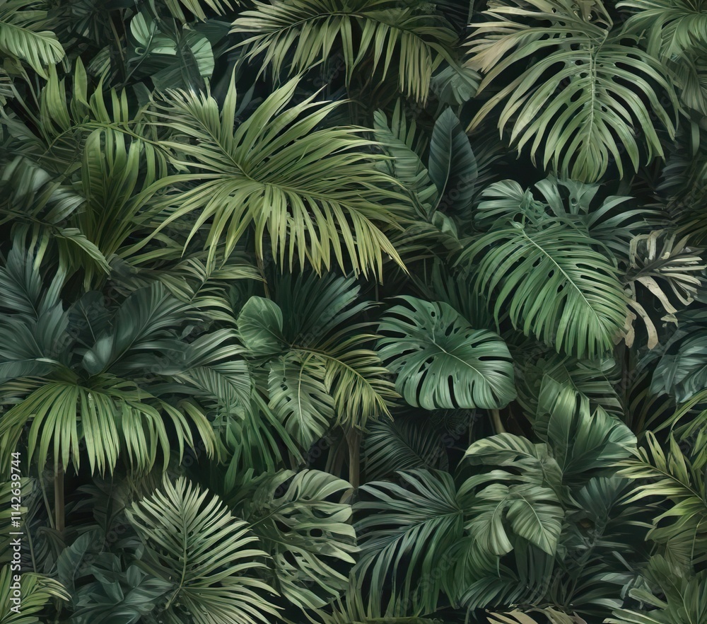 Seamless botanical pattern featuring tropical palm leaves, watercolor, leaves Seamless botanical pattern featuring tropical palm leaves, watercolor, leaves