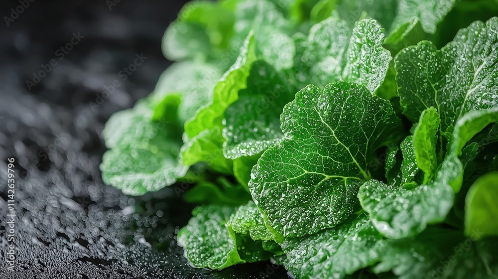 Fresh Green Leafy Vegetables with Water Droplets on Dark Background for Culinary and Healthy Food Concepts Fresh Green Leafy Vegetables with Water Droplets on Dark Background for Culinary and Healthy Food Concepts