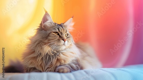 Serene Maine Coon Cat Basking in Warm, Colorful Light
