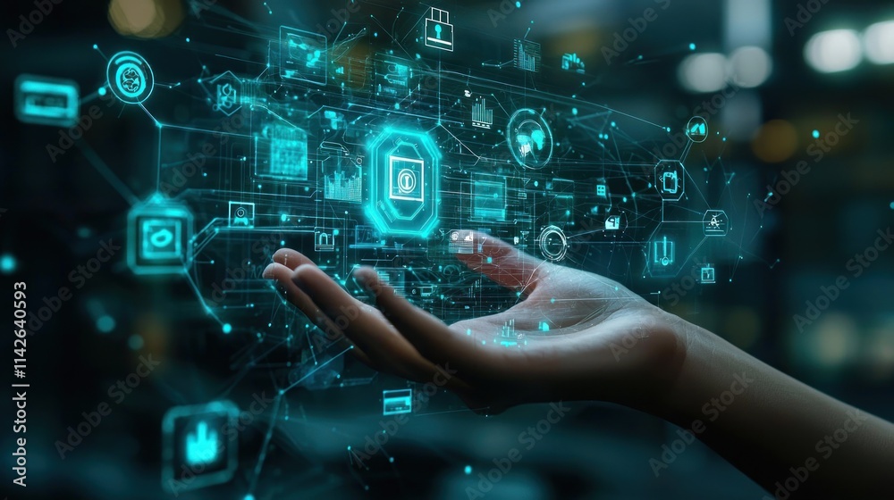 Hand Reaching Out Towards a Digital Display of Security Icons and Data Connections Representing Cybersecurity and Technological Innovation Hand Reaching Out Towards a Digital Display of Security Icons and Data Connections Representing Cybersecurity and Technological Innovation