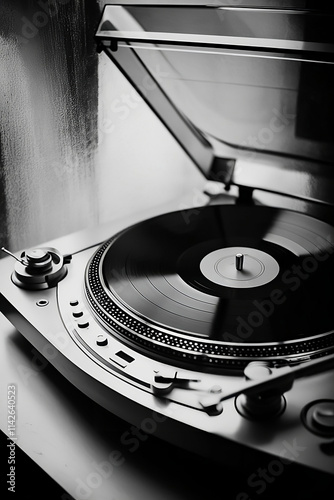 Turntable with vinyl record vintage photography black and white