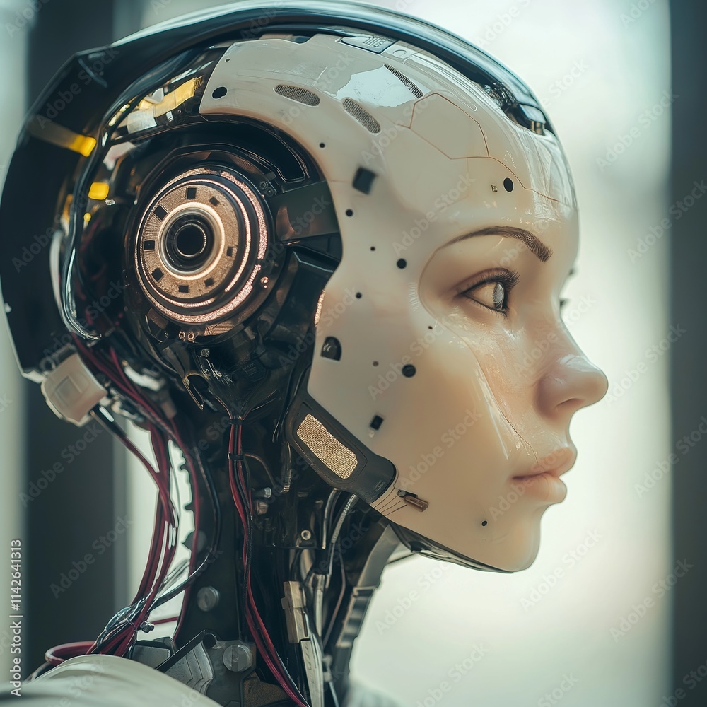 An intricate close-up view of a robotic head showcasing advanced features and artistic craftsmanship. An intricate close-up view of a robotic head showcasing advanced features and artistic craftsmanship.