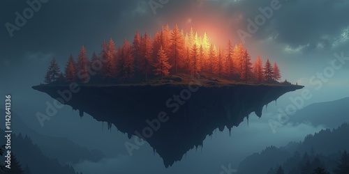 Illustration of Mystical floating island with a forest of glowing red-orange trees, bathed in warm golden sunlight under a dramatic sky