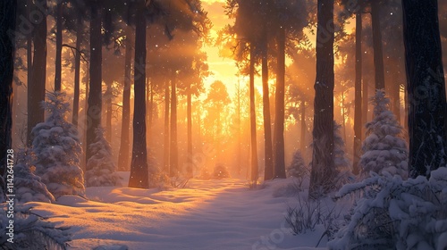 Sunset glow in snowy woods