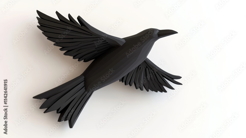 Naklejka premium 3D icon of a black crow flying, minimalistic, isolated with a subtle shadow on a white background, representing misfortune on Friday the 13th