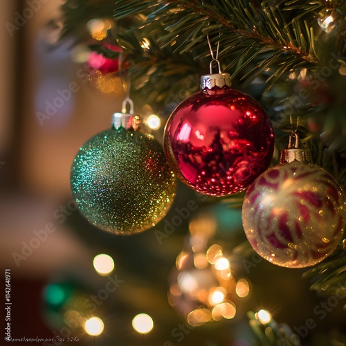 Christmas baubles sparkle on a festive pine tree.