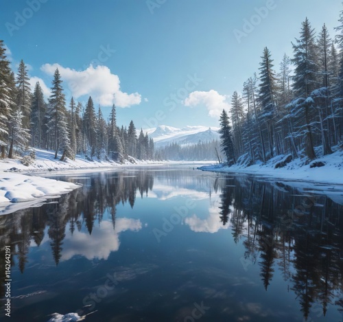 Snowy forest surrounding a frozen lake under a clear blue sky, solitude, ice crystals, frozen water