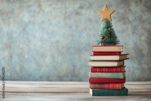 A creative Christmas tree alternative using stacked books with a star on top, perfect for book lovers, minimal background with copy space photo