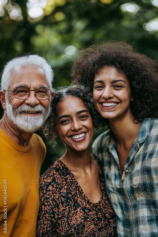 A joyful multi-generational family capturing shared happiness and connection in a green setting. A joyful multi-generational family capturing shared happiness and connection in a green setting.