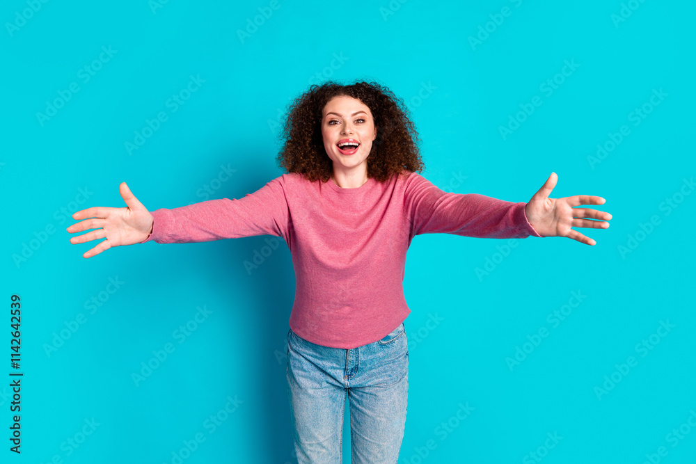 Fototapeta premium Photo of pretty young woman arms welcome you wear pink pullover isolated on teal color background