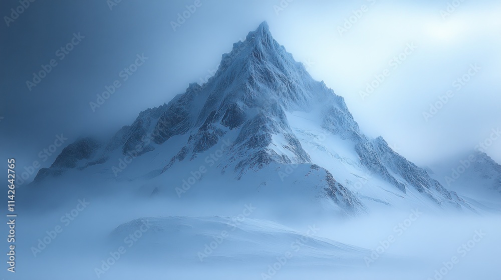 Obraz premium Majestic snow-capped peak shrouded in mist, dramatic winter landscape.