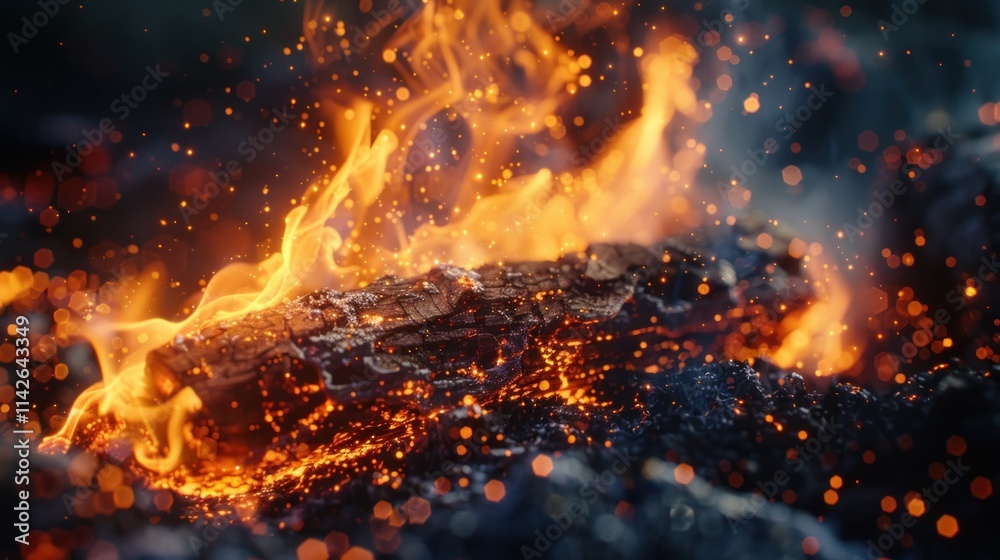 Fototapeta premium Burning Embers: A Close-Up of a Log Consumed by Intense Flames and Glowing Sparks