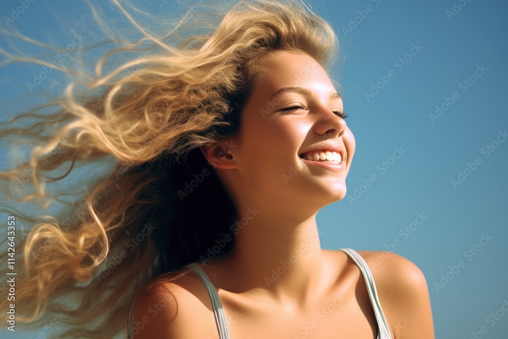 A beautiful girl with a carefree expression enjoys the summer sun, her hair gently blowing in the breeze, and a soft smile highlighting her relaxed A beautiful girl with a carefree expression enjoys the summer sun, her hair gently blowing in the breeze, and a soft smile highlighting her relaxed