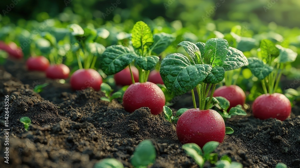 Fresh Radish Plants Growing in a Rich, Fertile Soil with Lush Green Leaves and Dew Drops in a Vibrant Vegetable Garden Setting Fresh Radish Plants Growing in a Rich, Fertile Soil with Lush Green Leaves and Dew Drops in a Vibrant Vegetable Garden Setting