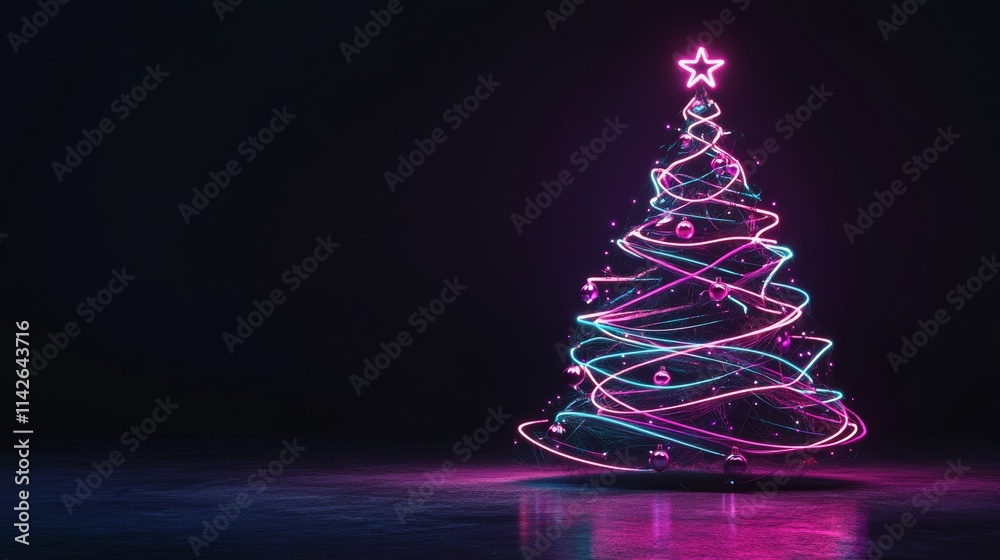 neon Christmas tree with flowing lines, organic shapes, and delicate ornaments, minimal dark background with copy space banner