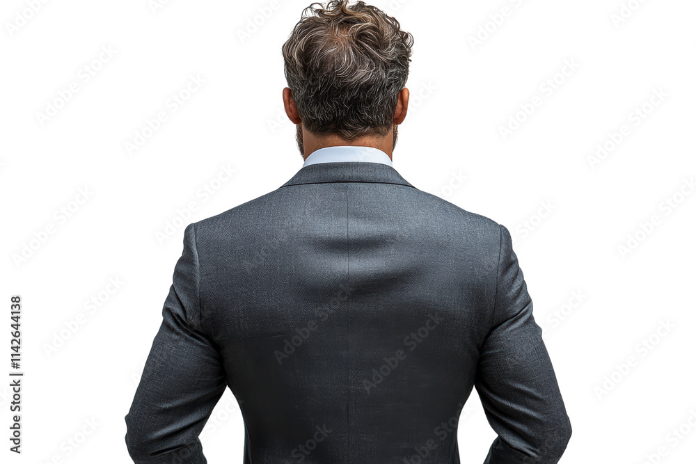 A business professional in a suit, viewed from behind, showcasing confidence and sophistication against a white isolated background. A business professional in a suit, viewed from behind, showcasing confidence and sophistication against a white isolated background.