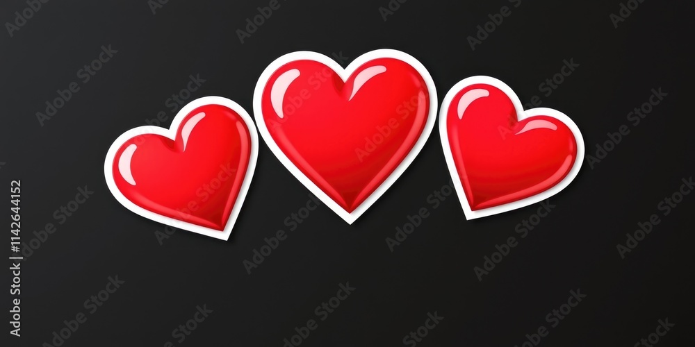 Three glossy red heart stickers stand out against a sleek black background, ideal for expressing affection and enhancing Valentine's Day celebrations Three glossy red heart stickers stand out against a sleek black background, ideal for expressing affection and enhancing Valentine's Day celebrations