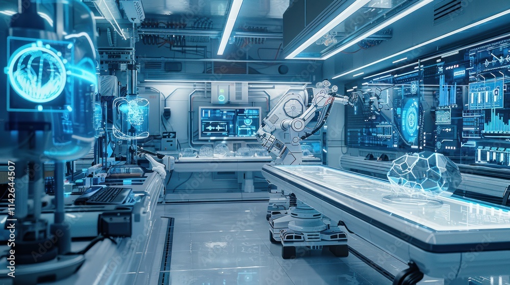 Futuristic Laboratory Scene with Robotic Arm and Holographic Brain Scans Futuristic Laboratory Scene with Robotic Arm and Holographic Brain Scans