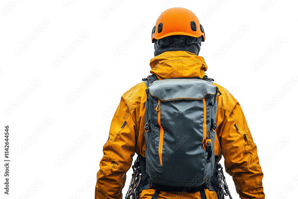 A climber in a bright orange helmet and yellow jacket, facing away, showcasing their gear against a neutral backdrop.