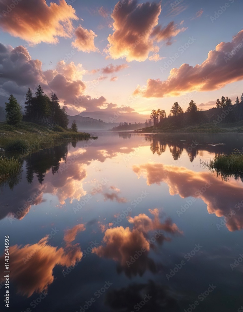 Softly illuminated clouds reflected in a serene lake amidst a sunset landscape, set, peaceful ambiance, water Softly illuminated clouds reflected in a serene lake amidst a sunset landscape, set, peaceful ambiance, water