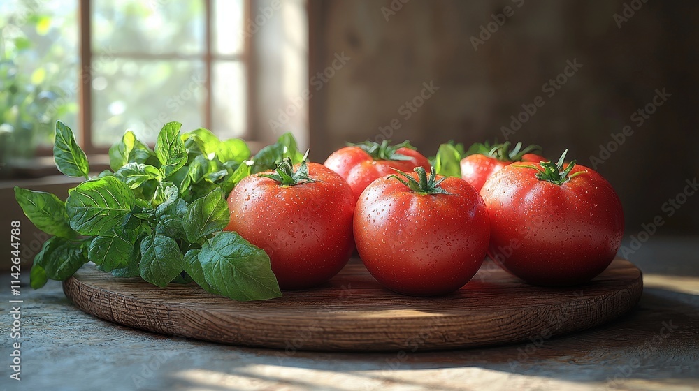 Fresh Red Tomatoes with Green Basil on Wooden Board in Rustic Kitchen Setting Surrounded by Natural Light and Soft Greenery Fresh Red Tomatoes with Green Basil on Wooden Board in Rustic Kitchen Setting Surrounded by Natural Light and Soft Greenery