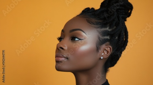 A close-up portrait of a beautiful black woman with long shiny hair and make-up . Haircare, beauty and cosmetics concept. photo