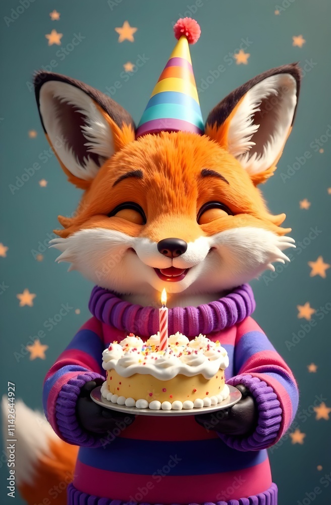 A cheerful fox in a party hat is joyfully holding a birthday cake
