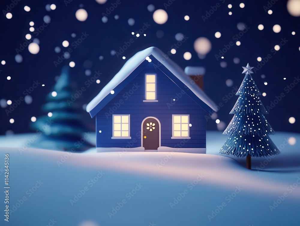 Fototapeta premium Cozy winter night at a blue house surrounded by snowflakes and festive decorations in a serene landscape