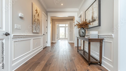 Elegant Home Interior: Inviting Hallway with Hardwood Floors and Stylish Decor