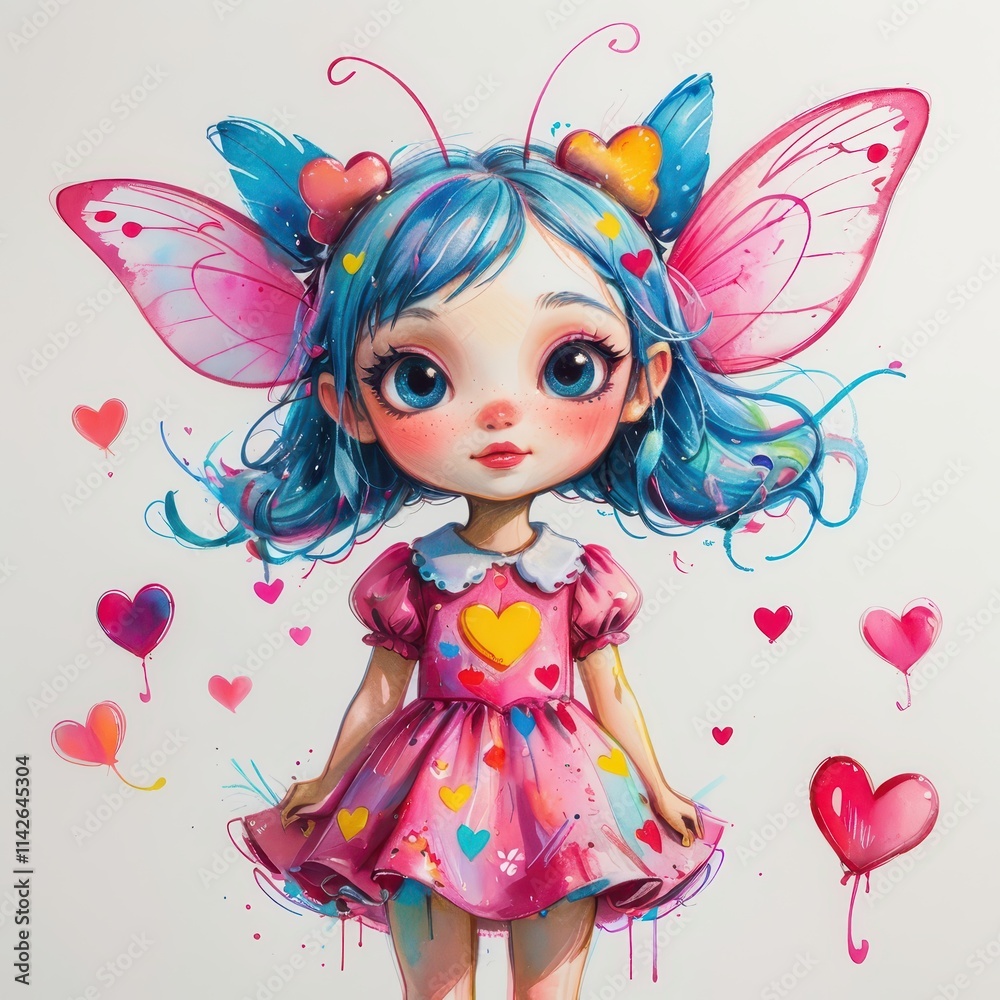 Cute little girl with blue hair and pink dress with butterflies. Cute little girl with blue hair and pink dress with butterflies.