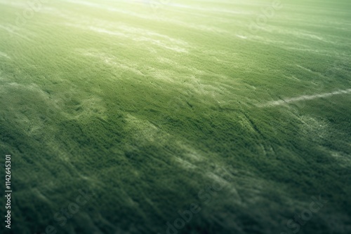 A close-up of the textured grass of a soccer field, with neon fog drifting across the midfield area, casting dynamic shadows and creating a dreamlike scene.