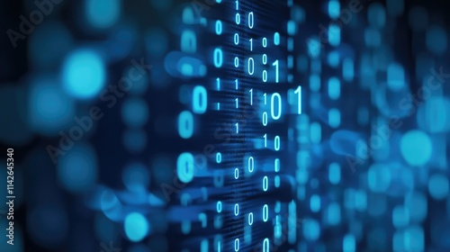 Wallpaper Mural A digital binary code background with blue glowing numbers on a dark, blurred digital screen, symbolizing technology and data protection in the online world, ideal for tech ads, data security market Torontodigital.ca