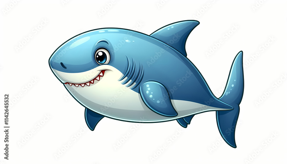 Obraz premium Cute blue cartoon shark with a big smile, perfect for children's illustrations.